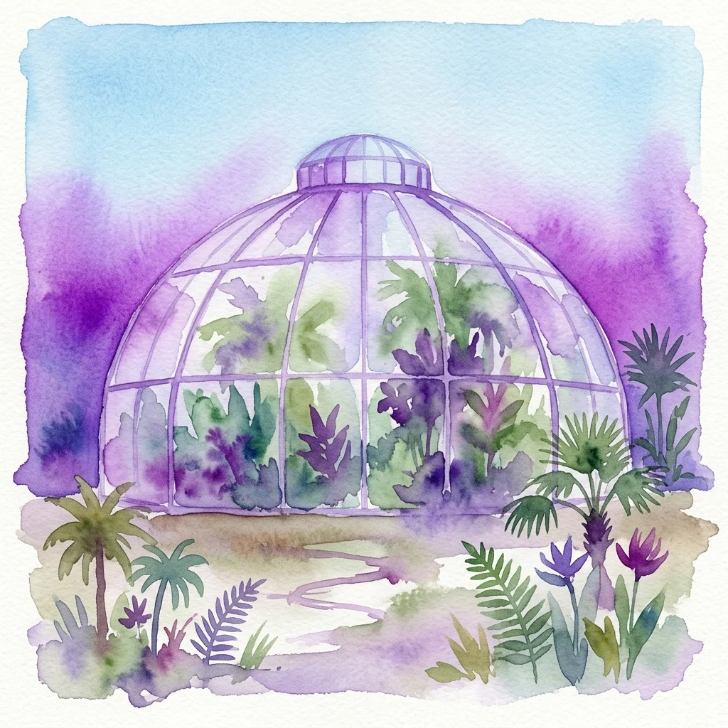Waterverfillustratie van een palmenkas met tropische planten erin, tegen een paarse en blauwe hemel, die de biodiverse omgeving van Zoo Hirschstetten vertegenwoordigt.