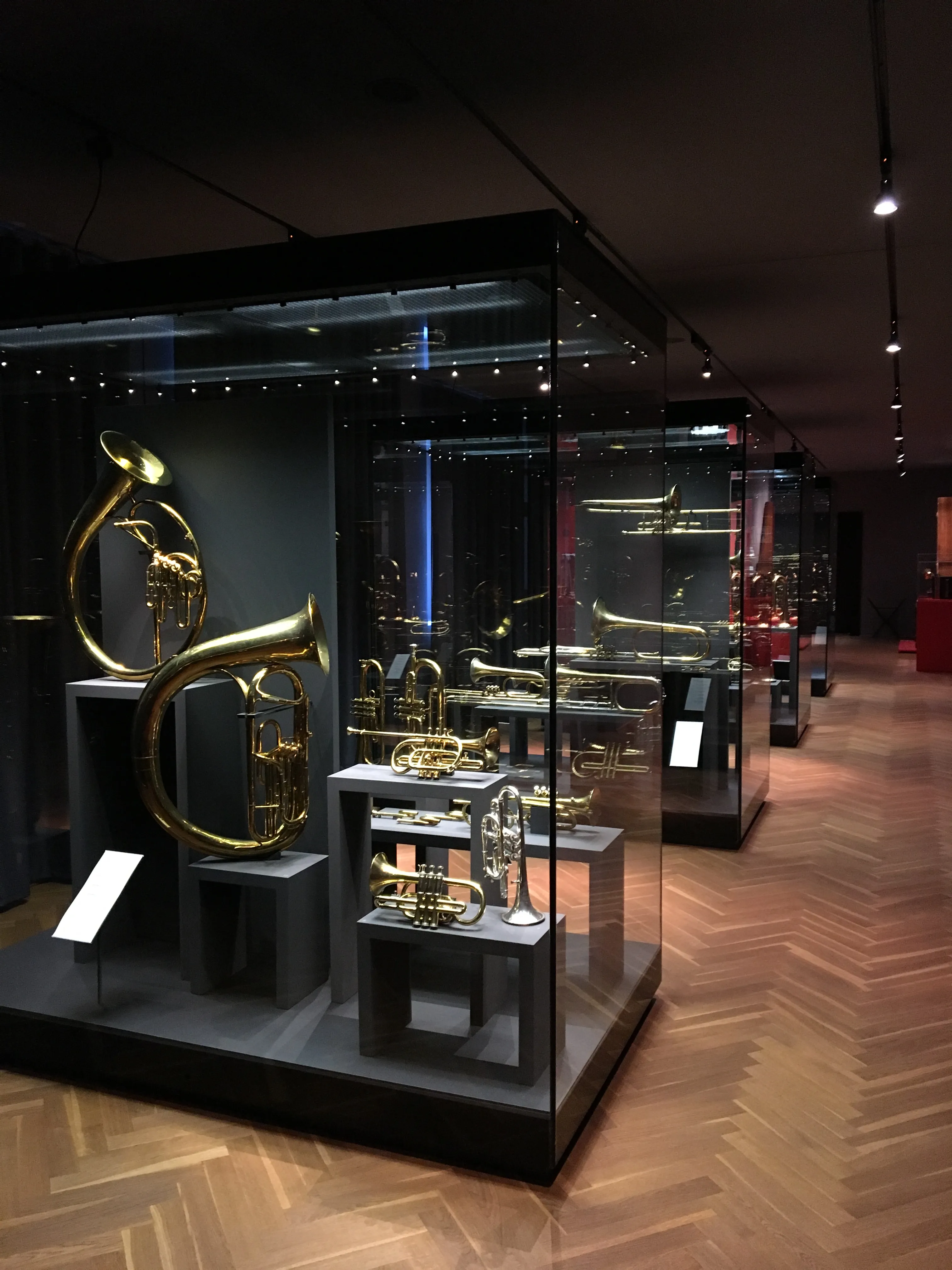 Vitrina de cristal con instrumentos de viento-metal, incluyendo tubas y trompetas, en una galería de museo con iluminación tenue y suelo de parqué