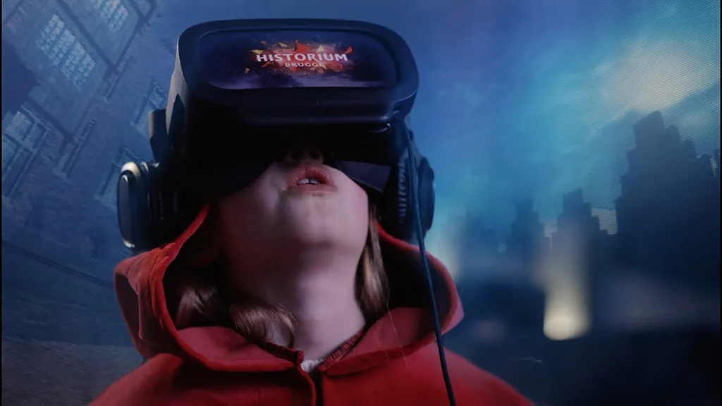 Close-up of a person wearing a red hoodie and a VR headset labeled Historium, looking upwards against a dark blue atmospheric background.