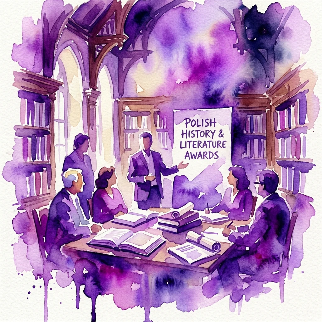 Een aquarelillustratie van een historische discussie in een bibliotheek, met een spreker die aan een tafel met aanwezigen presenteert, en op de achtergrond een bord met 'Poolse Geschiedenis & Literatuur Prijzen'.