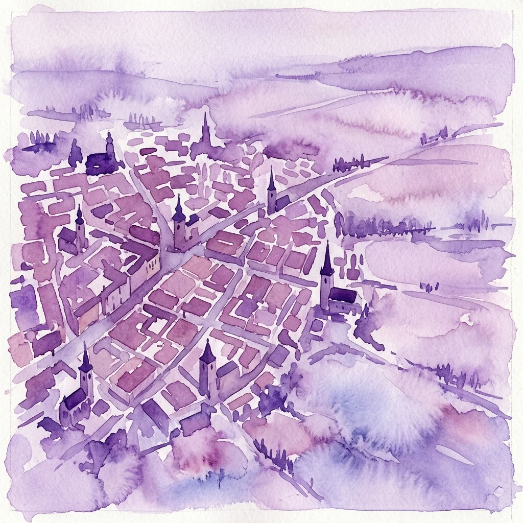 Aerial watercolor view of a historical city with dense buildings, church steeples, and surrounding fields, rendered in purple and lavender tones.