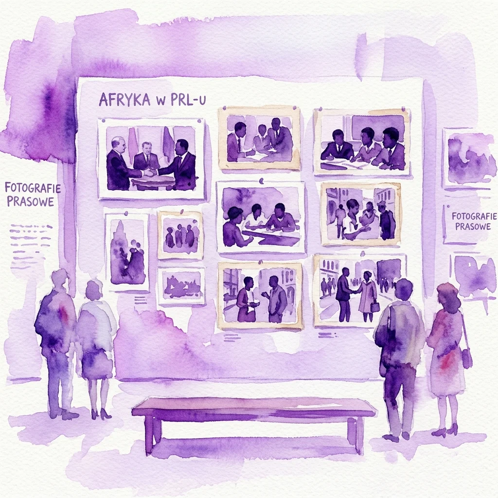 Watercolor illustration of an exhibition titled 'AFRYKA w PRL-u' featuring vintage Polish press photographs of Africans, with visitors observing the display in a gallery setting.