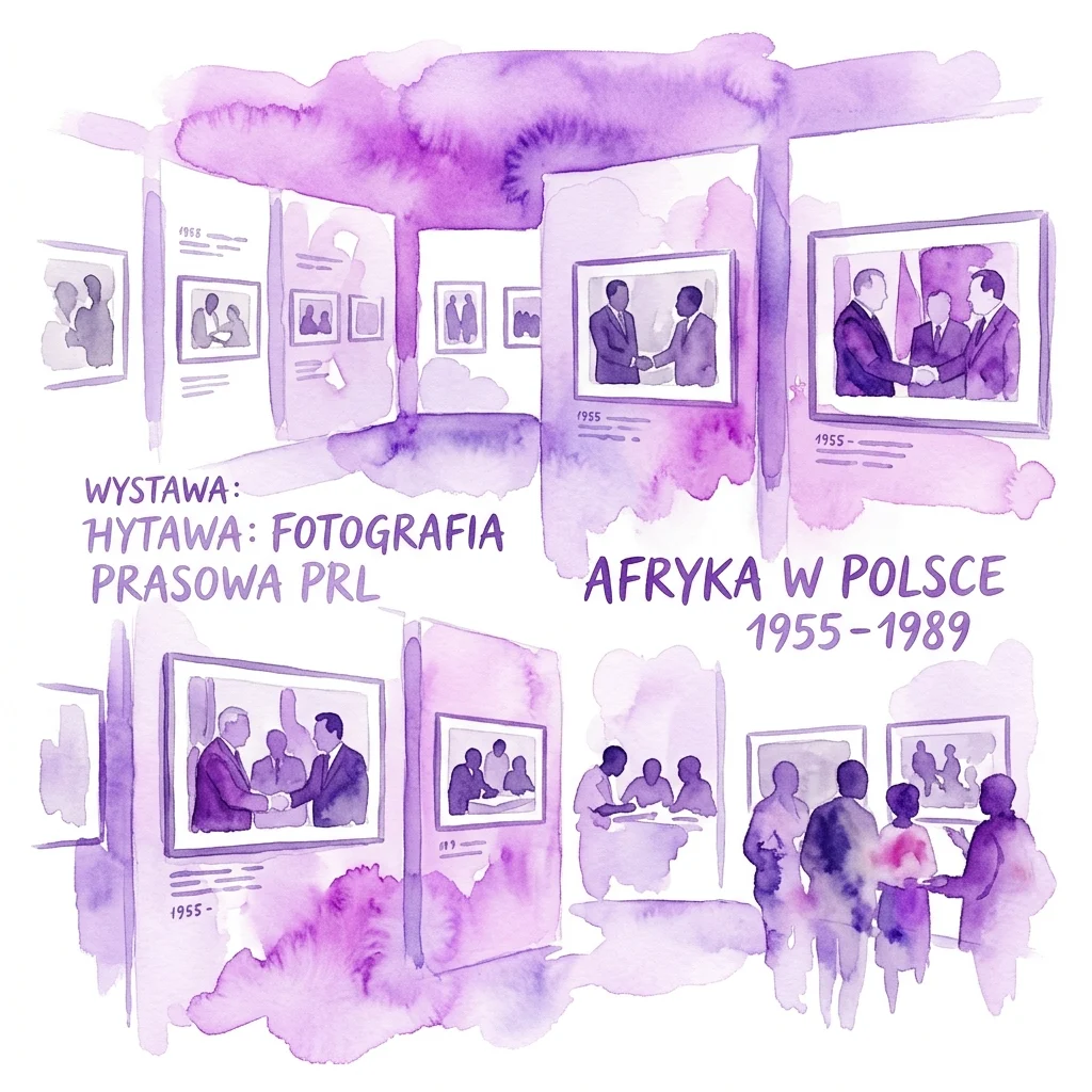 Watercolor illustration of an exhibition gallery featuring photographs from 1955-1989 depicting Africans in Polish press, with visitors observing the displays.