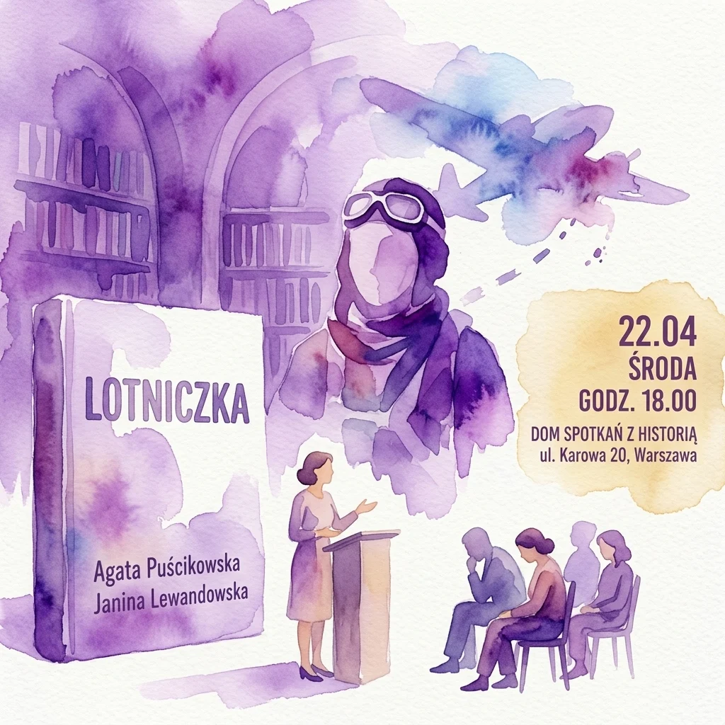 Author Agata Puścikowska presenting her book "Lotniczka. Opowieść o Janinie Lewandowskiej" about the Polish aviator Janina Lewandowska at a literary event in Warsaw.