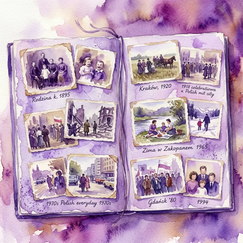 Watercolor illustration of an open family photo album with vintage photographs depicting Polish life from the 1890s to the 1990s, including family portraits, historical events, and everyday scenes.