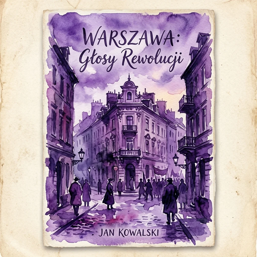 Boekomslag voor "Warszawa: Głosy Rewolucji" door Jan Kowalski, met een paarse aquarelillustratie van een straatscène in Warschau rond de eeuwwisseling met mensen en historische gebouwen.