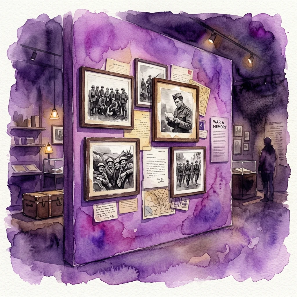 Ilustración en acuarela de una exposición de museo con fotografías en blanco y negro de soldados, documentos de archivo y una vitrina, que representan las experiencias bélicas personales del teniente Stanisław Andres.