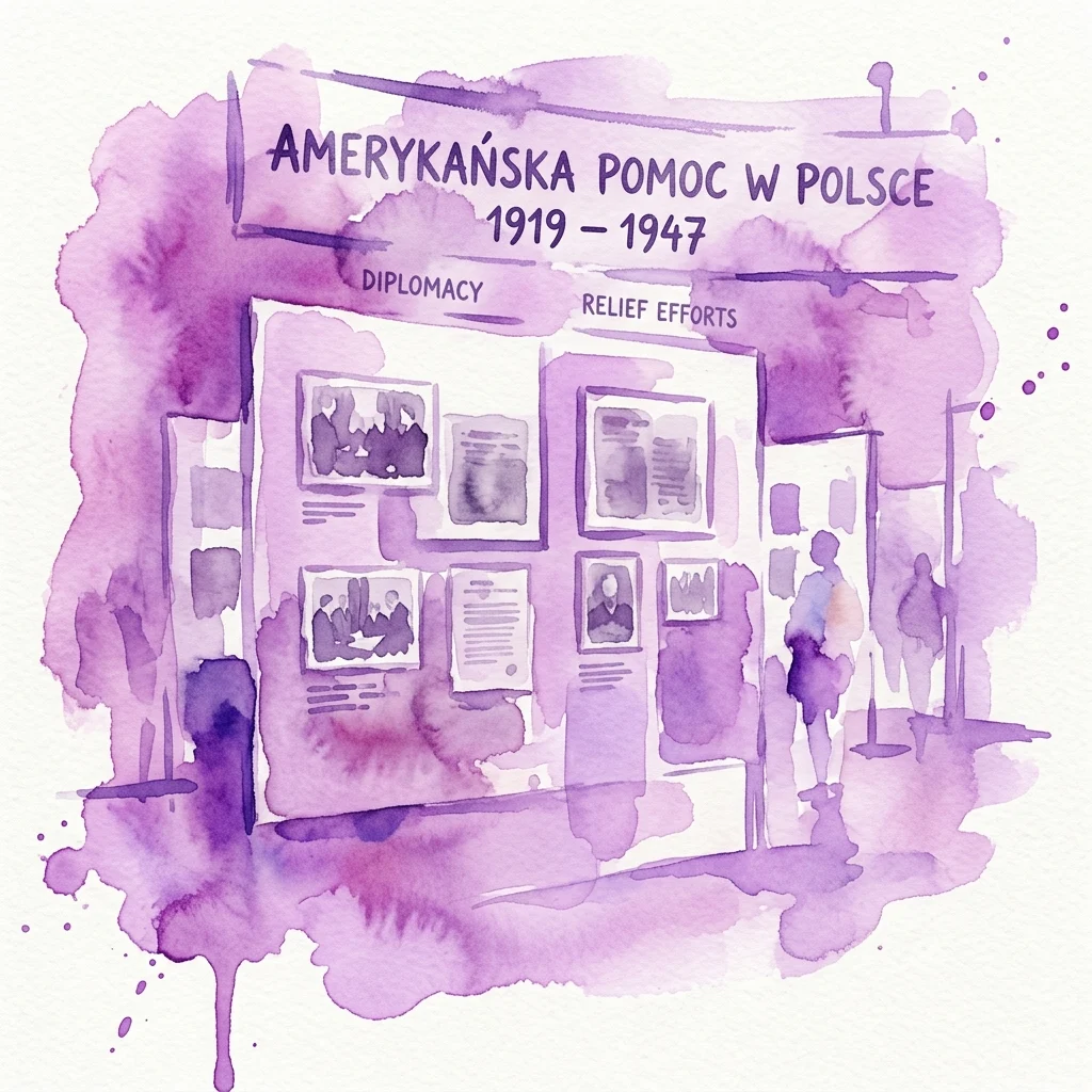 Ilustracja akwarelowa wystawy pod tytułem 'Amerykańska Pomoc w Polsce 1919–1947' prezentująca fotografie i dokumenty dotyczące dyplomacji i działań pomocowych, upamiętniająca 100 lat stosunków polsko-amerykańskich.