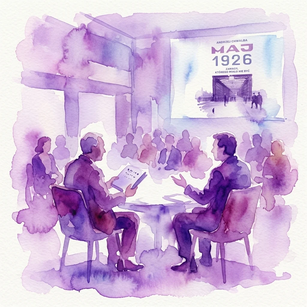 Aquarelillustratie van een boekenbespreking met historicus Andrzej Chwalba die zijn boek 'Maj 1926. Zamach, którego miało nie być' bespreekt met een moderator, publiek op de achtergrond en de boekomslag weergegeven op het scherm.