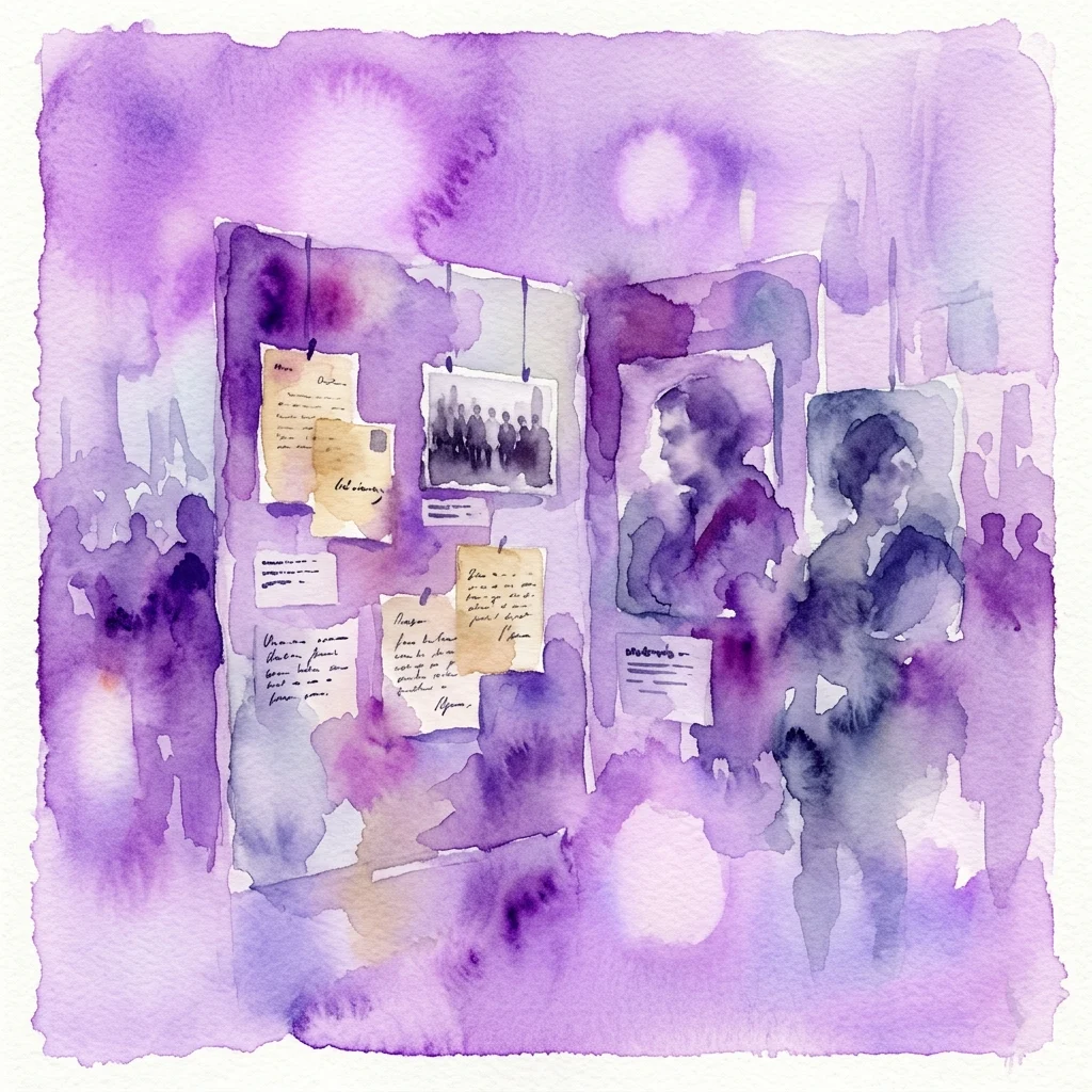 Ilustración en acuarela de una exposición con documentos personales, fotografías y retratos relacionados con los sucesos de marzo de 1968 en Polonia, destacando la emigración y el desplazamiento.
