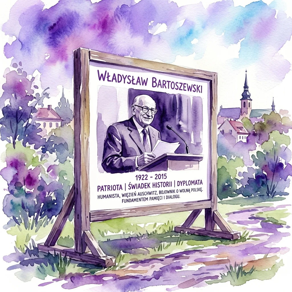 Panel de exposición al aire libre que presenta un retrato de Władysław Bartoszewski (1922-2015), un patriota, historiador y superviviente de Auschwitz polaco, con un texto que destaca su vida y legado en una ilustración estilo acuarela.