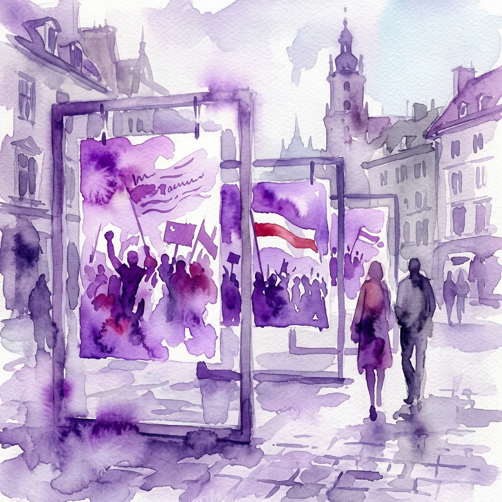 Una ilustración en acuarela de una exposición fotográfica al aire libre en un entorno urbano, que presenta imágenes de protestas y manifestaciones en Bielorrusia, con personas caminando junto a las exhibiciones.