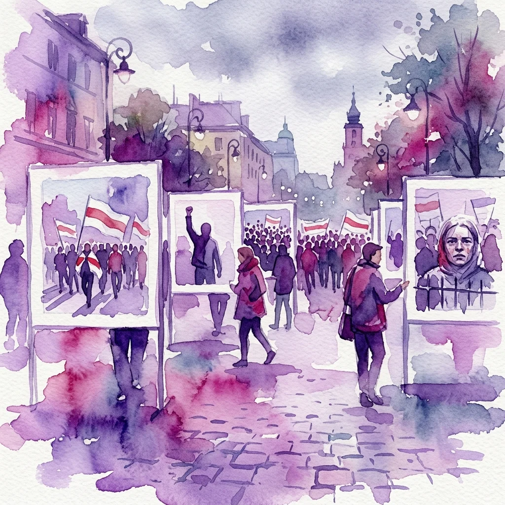 Waterverfillustratie van een straatexpositie in Warschau met foto's van Wit-Russische protesten, waarbij mensen beelden van demonstranten en nationale vlaggen bekijken onder een sombere paarse hemel.