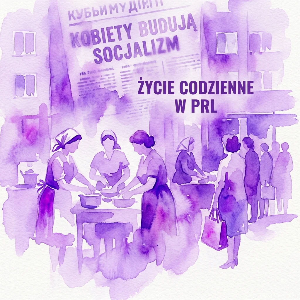 Una ilustración en acuarela púrpura que representa a mujeres en entornos domésticos y sociales durante la República Popular de Polonia, con el texto 'ŻYCIE CODZIENNE W PRL' y 'KOBIECY BUDUJĄ SOCJALIZM', haciendo referencia a un libro sobre la vida cotidiana de las mujeres en la era de la PRL.