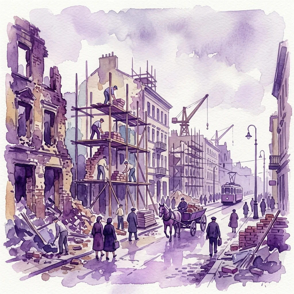 Ilustracja akwarelowa Warszawy z okresu powojennego, późne lata 40. XX wieku, przedstawiająca zniszczone budynki, robotników na rusztowaniach oraz wysiłki związane z odbudową, z tramwajem i wozem konnym na ulicy.