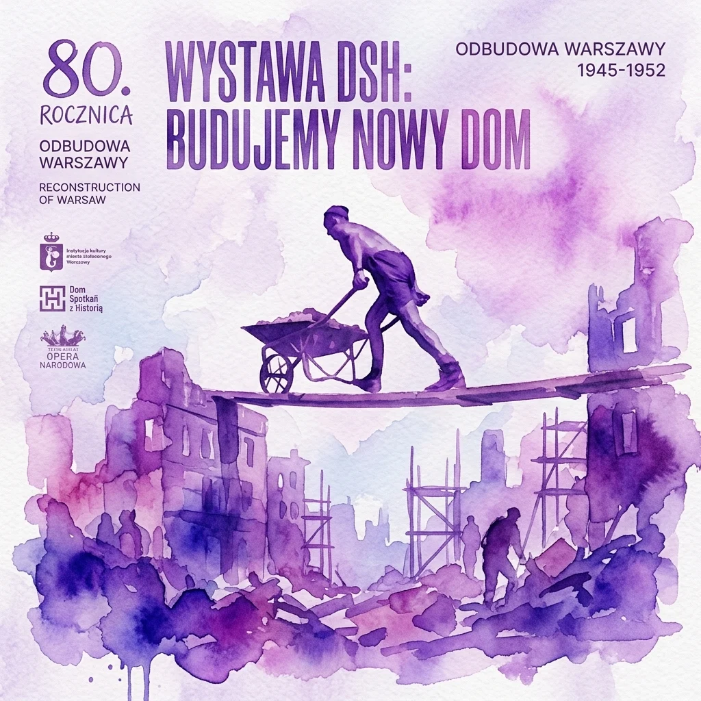 A watercolor illustration of Warsaw's post-war reconstruction, featuring a worker pushing a wheelbarrow over rubble and scaffolding, with the exhibition title 'Building Our New Home: The Reconstruction of Warsaw 1945-1952' in Polish and English.