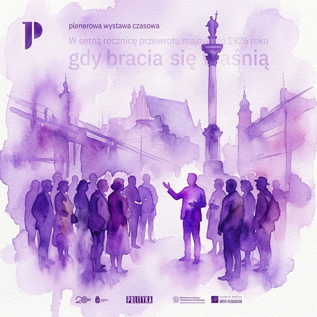 A purple watercolor illustration of a curator-led tour in Warsaw, with a guide addressing a group near a historical monument commemorating the 1926 May Coup.