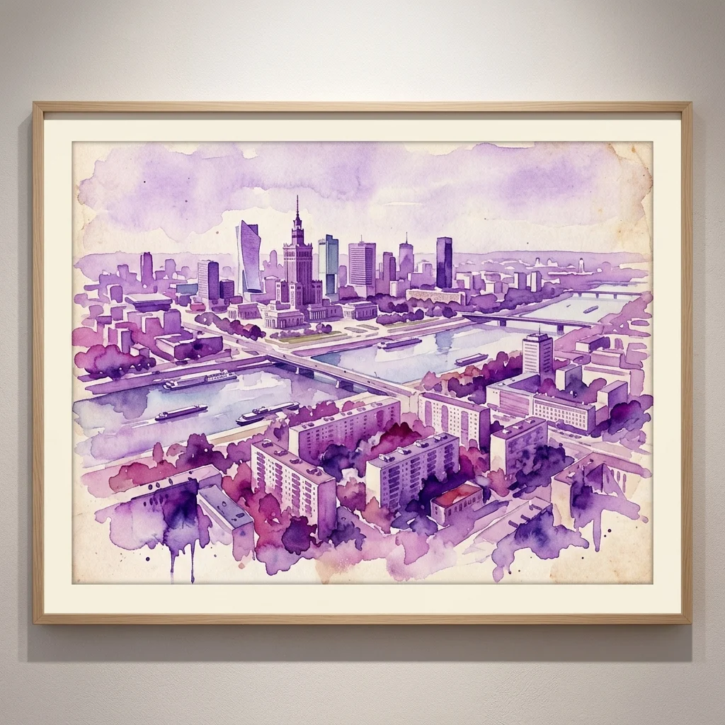 Una obra de arte en acuarela enmarcada que representa una vista aérea de Varsovia, Polonia, con un tono púrpura vintage, que exhibe arquitectura de mediados de siglo y el río Vístula.