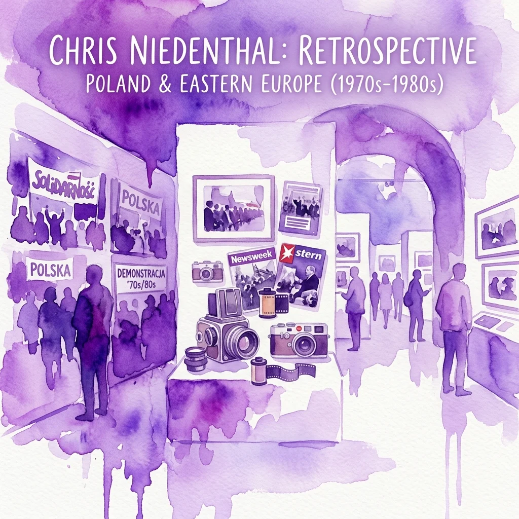 Ilustracja akwarelowa wystawy fotograficznej prezentującej prace Chrisa Niedenthala z Polski i Europy Wschodniej z lat 70.-80. XX wieku, z oprawionymi zdjęciami, zabytkowymi aparatami, rolkami filmu i zwiedzającymi oglądającymi ekspozycję.