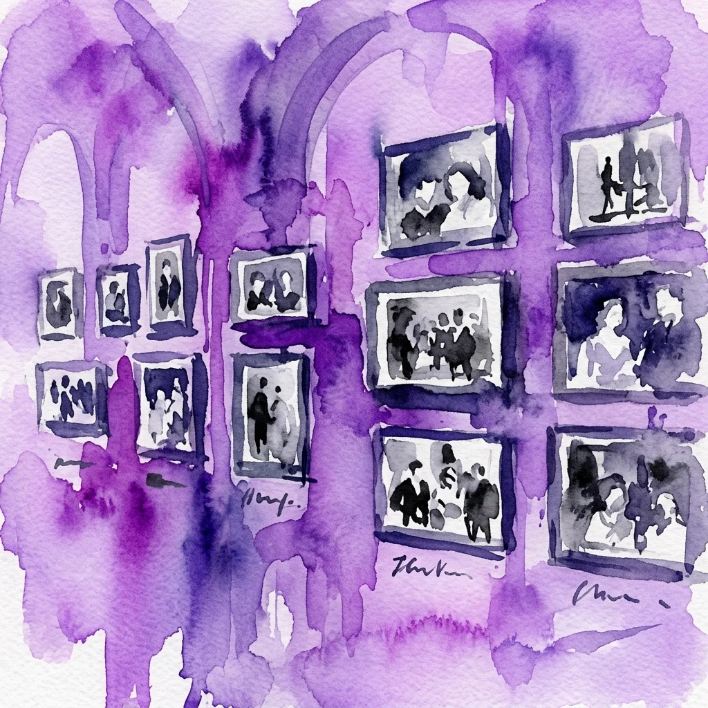 Una ilustración en acuarela de una pared de galería con fotografías en blanco y negro enmarcadas, representada en tonos púrpuras, que representan figuras culturales y escenas de la Polonia de mediados del siglo XX.