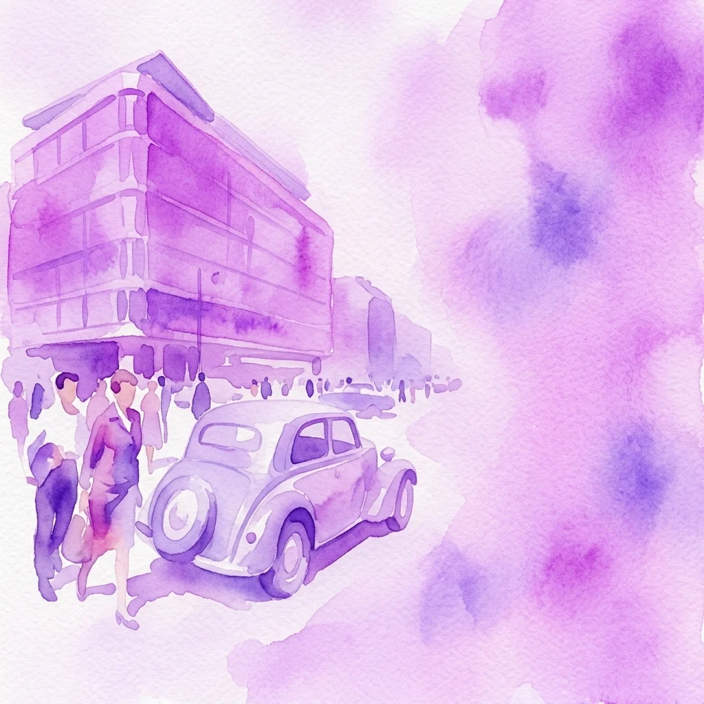 Fioletowa akwarelowa ilustracja zabytkowego samochodu i przechodniów na ulicy, z budynkiem w tle, przywołująca scenę z Warszawy lat 50.