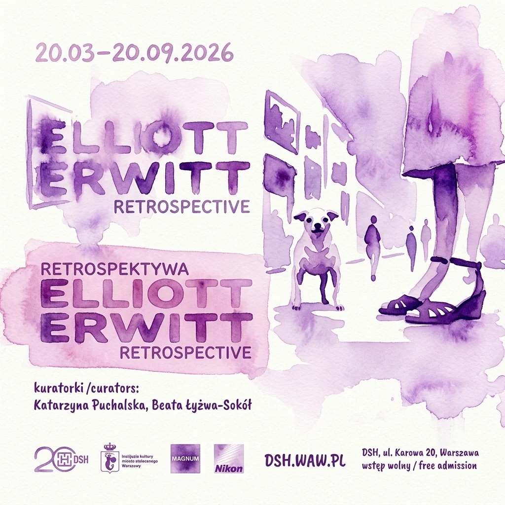 Plakat promocyjny wystawy Elliott Erwitt Retrospective, przedstawiający akwarelę psa i nóg w galerii, z datami i szczegółami wydarzenia.