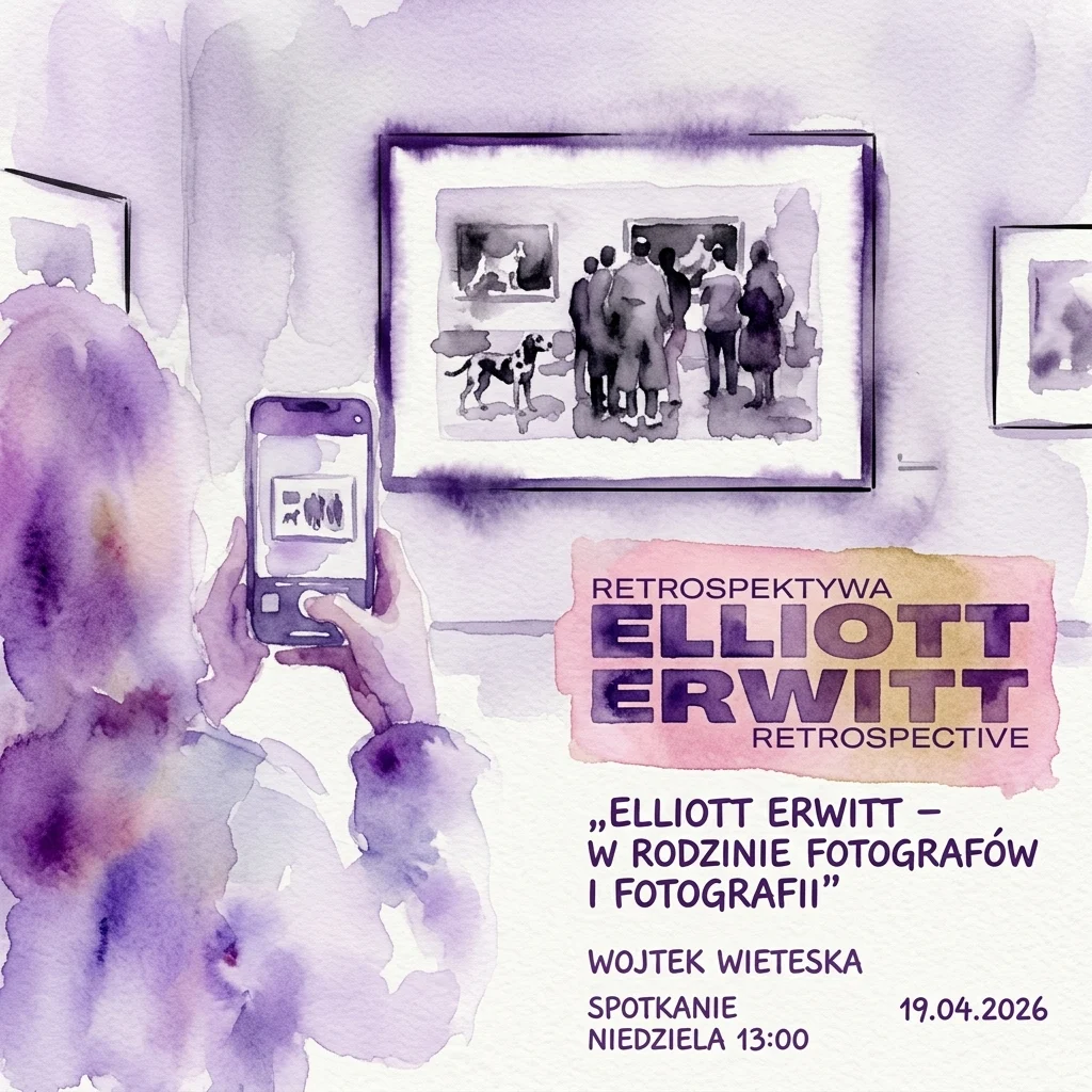 Ilustración en acuarela de una persona tomando fotos de las fotografías en blanco y negro de Elliott Erwitt en una galería, con detalles del evento para una charla sobre su obra.