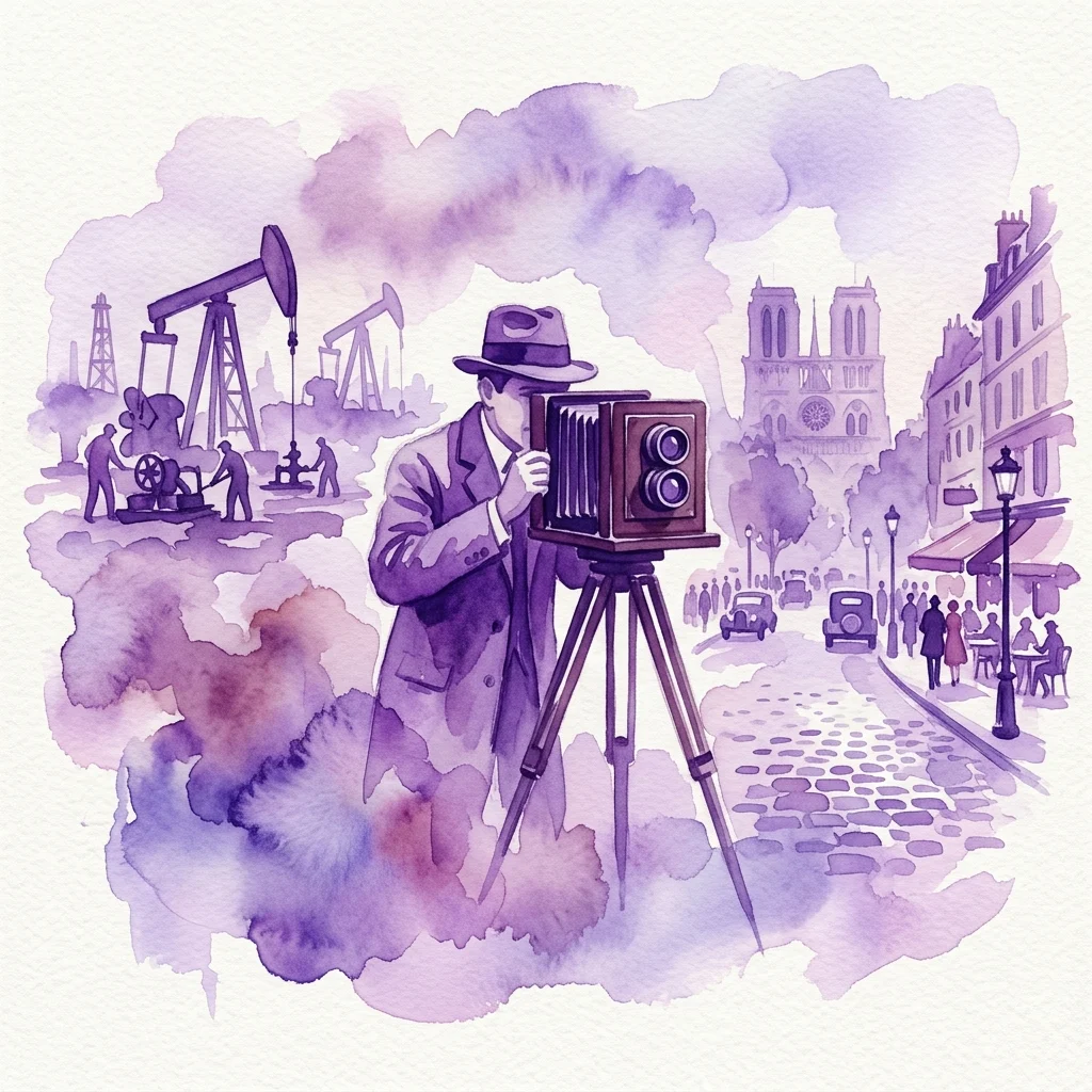 A watercolor illustration of a 1920s photographer with a large format camera, capturing scenes from Baku's oil fields and Parisian streets, reflecting the photographic adventures of Witold Marczewski.