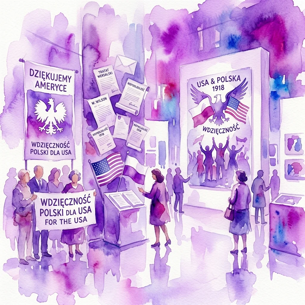 Ilustración en acuarela de una exposición titulada 'From Poland with Love', con pancartas, documentos y visitantes que celebran la amistad polaco-estadounidense y la gratitud por el apoyo de EE. UU. a la independencia de Polonia en 1918.