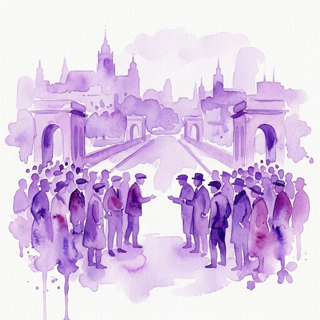Een paarse aquarelillustratie die een historische politieke debatteringsscène afbeeldt, met figuren in historische kledij op een brug, tegen de achtergrond van Poolse parlementaire architectuur, reflecterend op de meidagcoup van 1926.