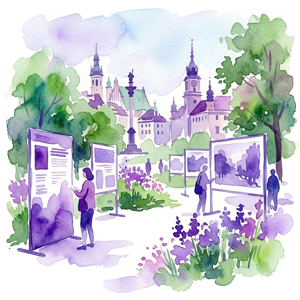 Ilustracja akwarelowa plenerowej wystawy w Warszawie, przedstawiająca panele informacyjne na temat ogrodnictwa miejskiego, z odwiedzającymi oglądającymi ekspozycje pośród zieleni i zabytkowej architektury.