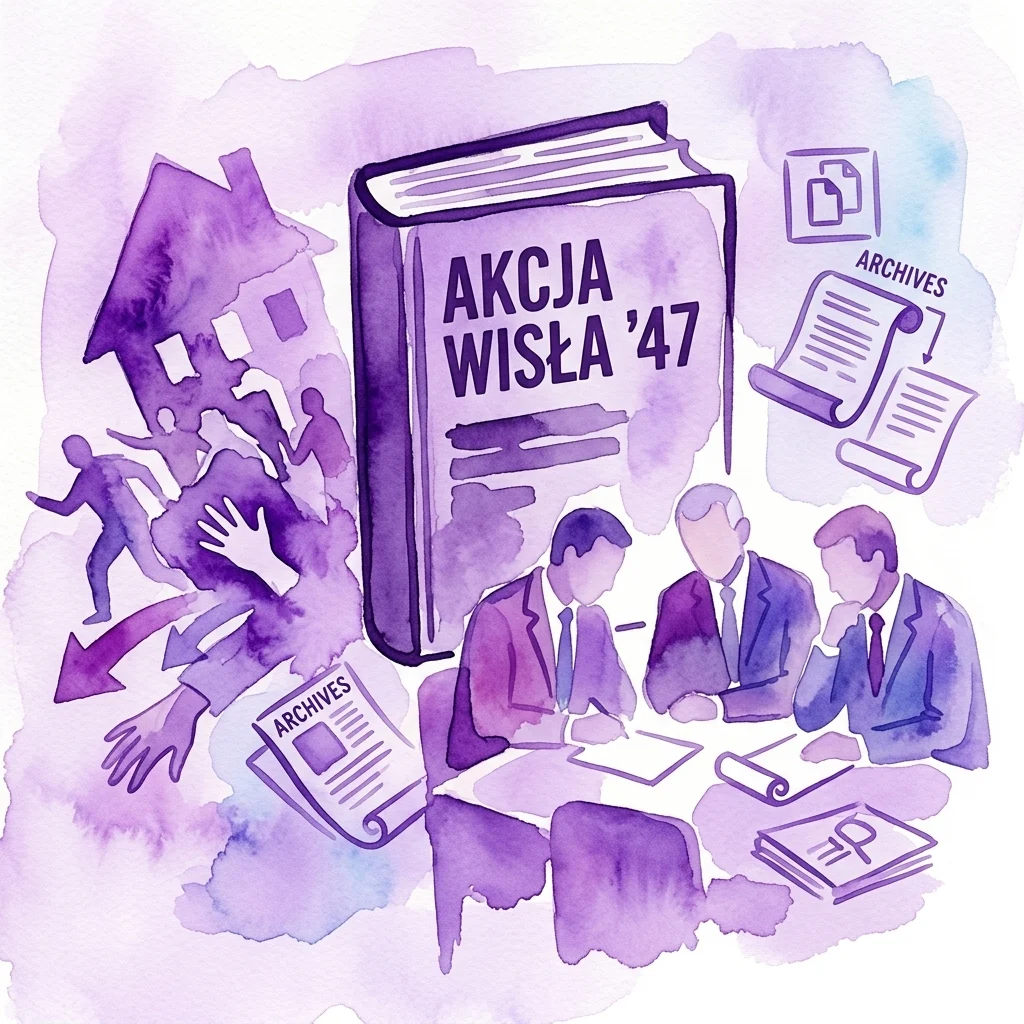 Illustration of a scholarly meeting discussing the book 'Akcja Wisła '47', featuring historians in discussion, archival documents, and imagery of forced displacement, related to the Kazimierz Moczarski Award.