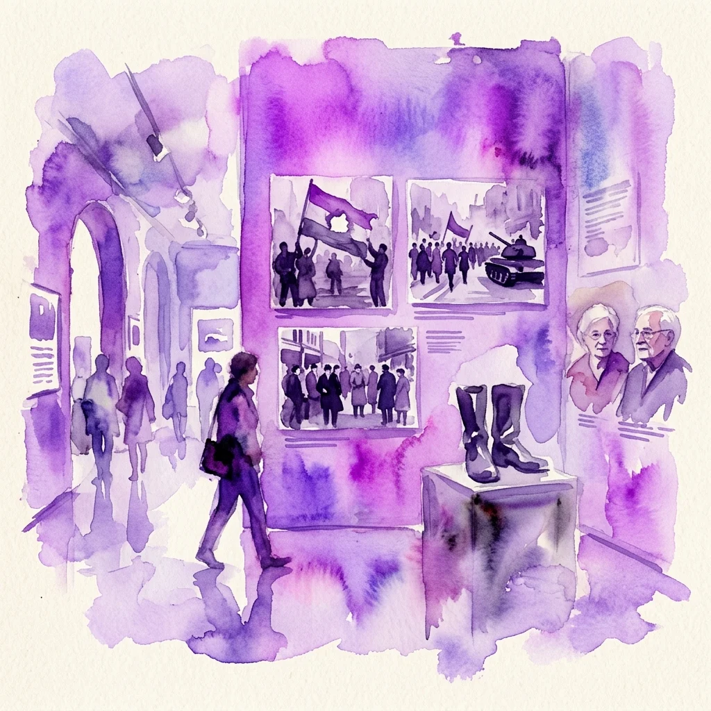 Watercolor illustration of the 'Hungary 1956. Faces and Objects' exhibition, showing archival photos of protests and tanks, contemporary portraits, and a display of boots, all within a museum gallery setting.