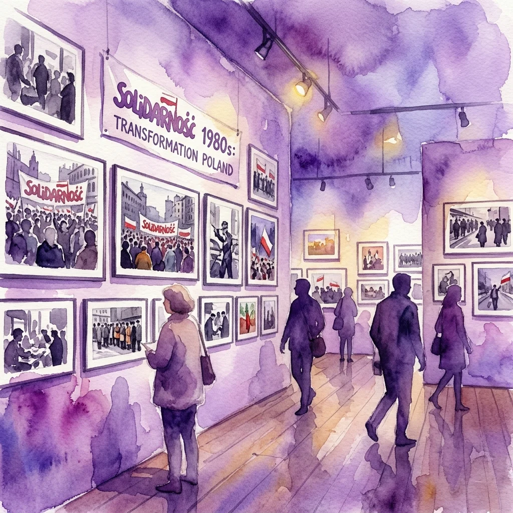 Ilustración en acuarela de una sala de exposiciones con visitantes observando fotografías de la década de 1980 en Polonia, con el título 'Solidarność 1980s: Transformation Poland' en la pared.