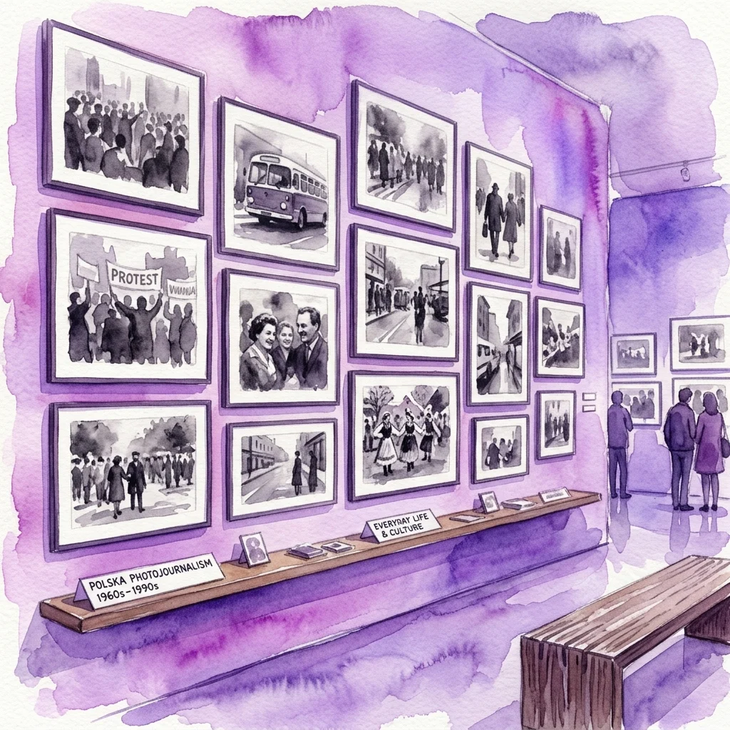 Ilustracja akwarelowa galerii wystawowej przedstawiająca oprawione czarno-białe fotografie z polskiej fotoreportażu (lata 60.-90. XX wieku), z odwiedzającymi oglądającymi wystawę w purpurowym świetle.