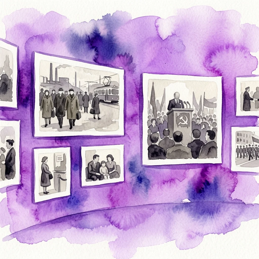 Una galería ilustrada que exhibe fotografías en blanco y negro de la exposición de Romuald Broniarek, que retratan la vida cotidiana y las ceremonias oficiales en la Polonia comunista, sobre un fondo de acuarela púrpura.