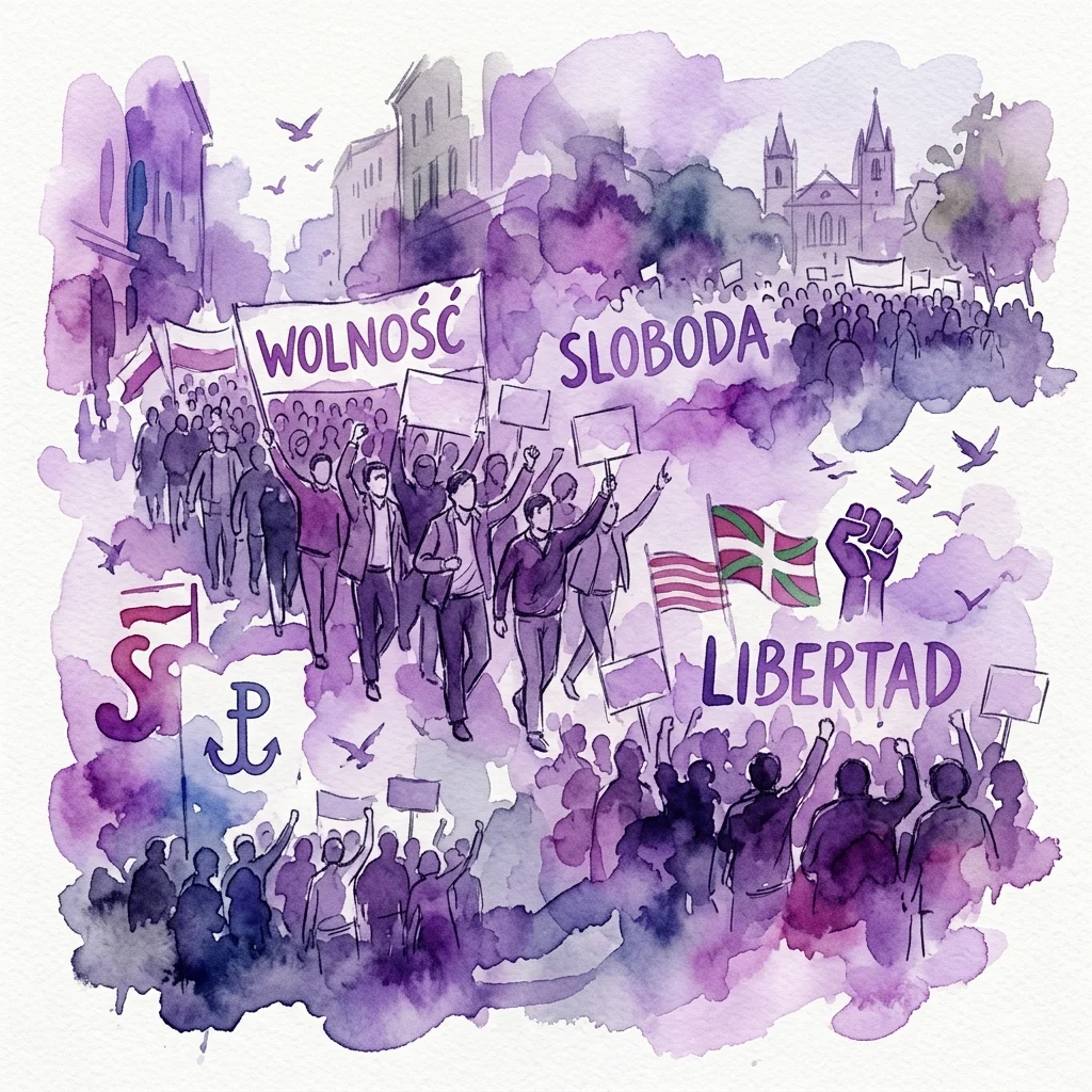 Ilustracja akwarelowa scen protestacyjnych z Polski, Słowenii i Hiszpanii, przedstawiająca tłumy trzymające transparenty z napisami 'WOLNOŚĆ', 'SLOBOĐA' i 'LIBERTAD', symbolizujące ruchy wolnościowe w 1968 roku.