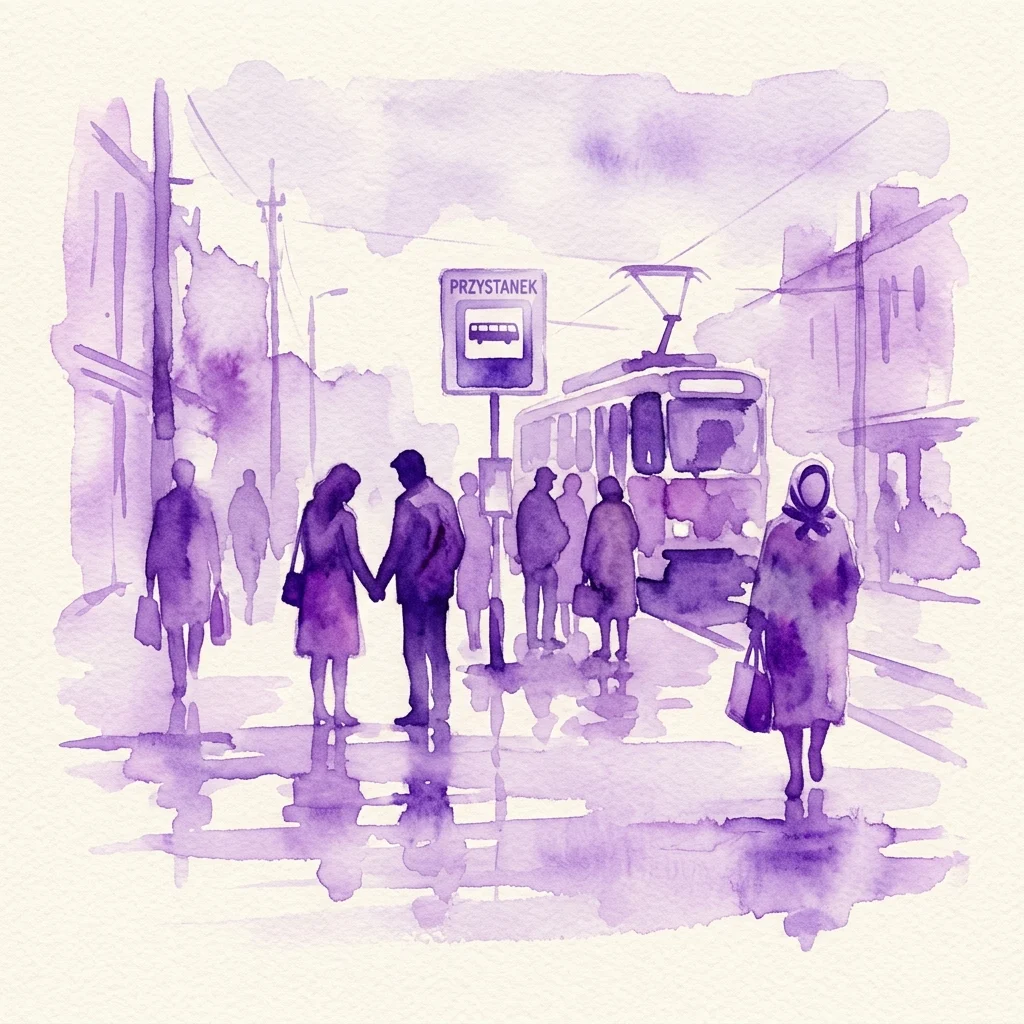Fioletowa ilustracja akwarelowa przedstawiająca uliczną scenę w Polsce, z ludźmi na przystanku autobusowym i tramwajem w tle, przywołująca atmosferę epoki PRL.
