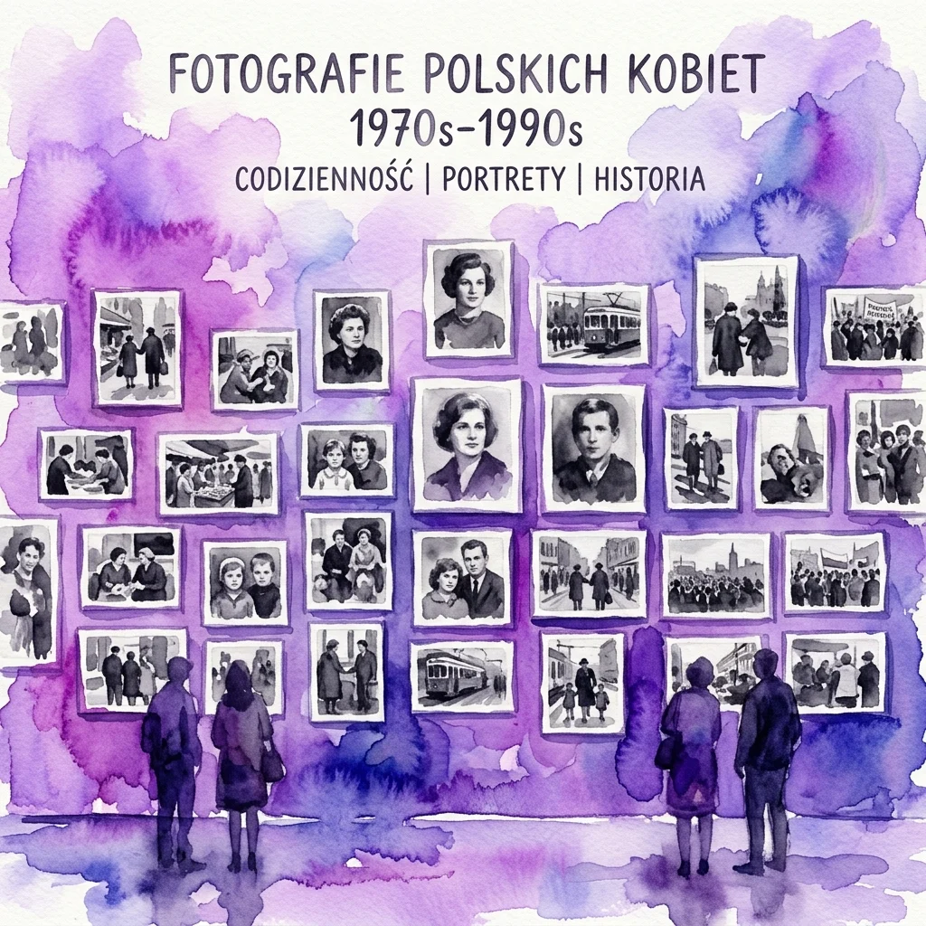 Een galerijmuur met vintage zwart-witfoto's van Poolse vrouwelijke fotografen uit de jaren 70-90, met portretten, scènes uit het dagelijks leven en historische gebeurtenissen, terwijl bezoekers de tentoonstelling bekijken.