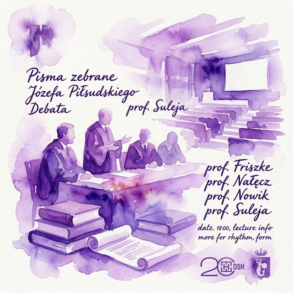 Een aquarelillustratie van een wetenschappelijke discussie over de verzamelde geschriften van Józef Piłsudski, met professoren in een collegezaal met boeken en documenten, ter bevordering van een academische discussie over de Poolse geschiedenis.