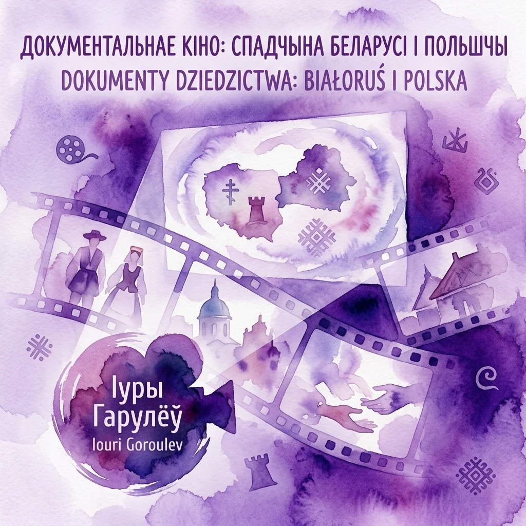 Un cartel de acuarela morada para un evento de cine documental en honor a Iouri Goroulev, con tiras de película, símbolos culturales y texto en bielorruso y polaco sobre la herencia bielorrusa y polaca.