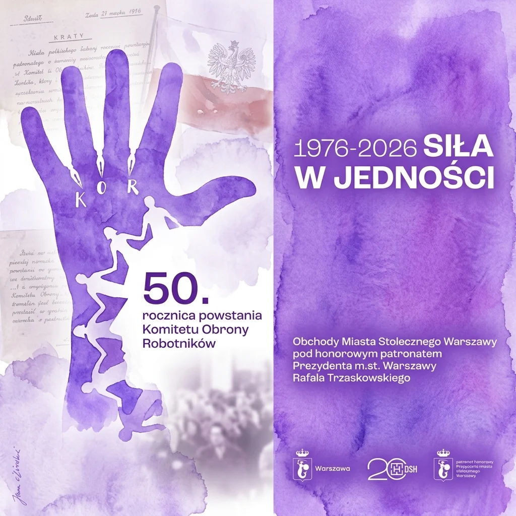 Een paarse aquarelposter ter herdenking van de 50e verjaardag van het Comité ter verdediging van werknemers (KOR), met een handsilhouet met 'KOR' op de vingers, historische documenten en de tekst '1976-2026 SIŁA W JEDNOŚCI' en '50. rocznica powstania Komitetu Obrony Robotników'.