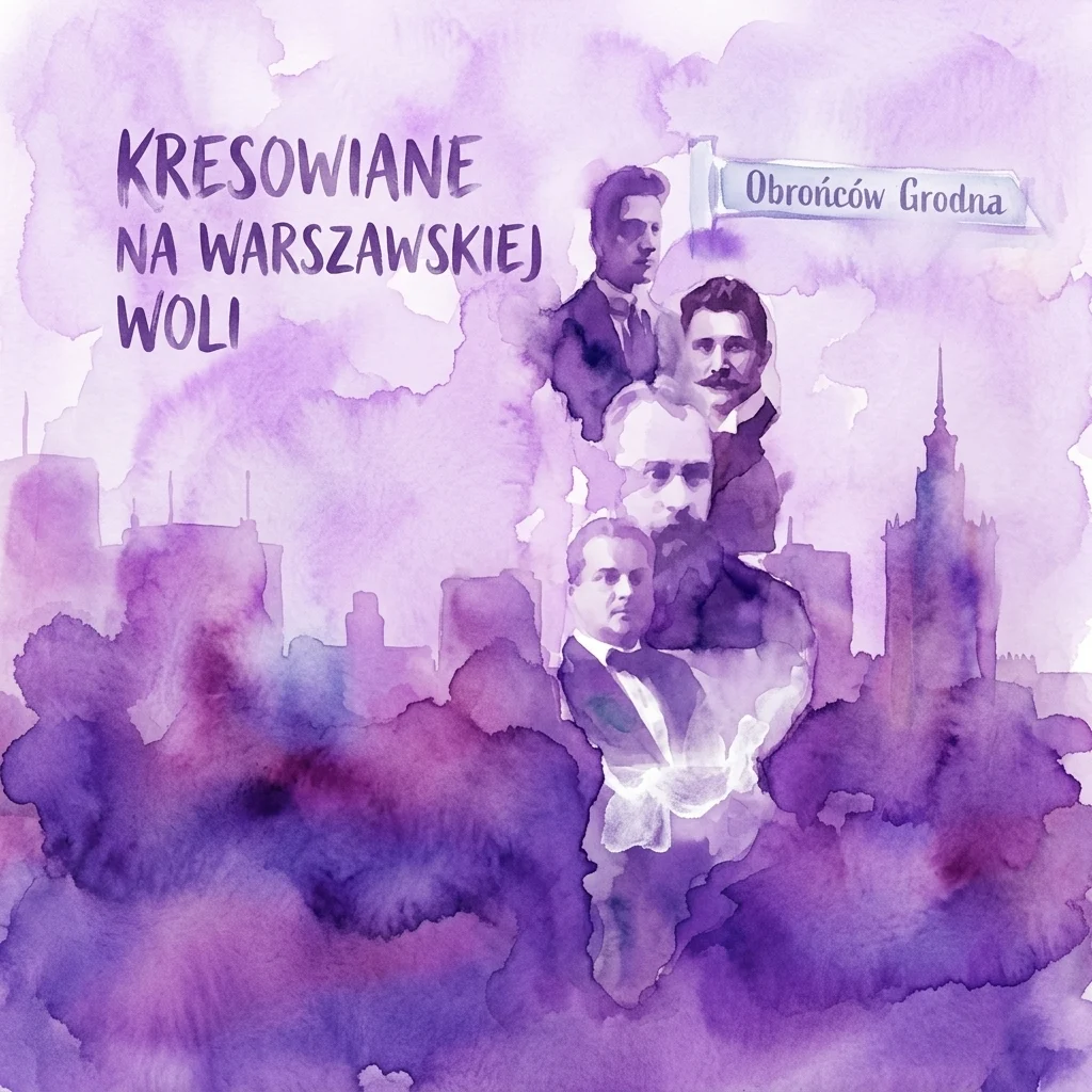 Een aquarelillustratie voor de 'Kresowa Warszawa'-serie met historische figuren uit de Kresy-regio in de Wola-wijk van Warschau, met de tekst 'Kresowiane na Warszawskiej Woli' en een straatnaambord voor 'Obrońców Grodna'.