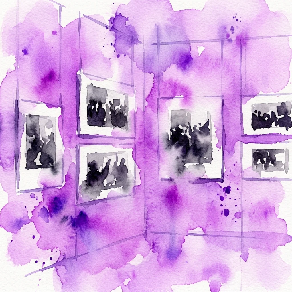 Watercolor illustration of a gallery wall with black and white photographs of crowds and public gatherings, set against a purple wash background.
