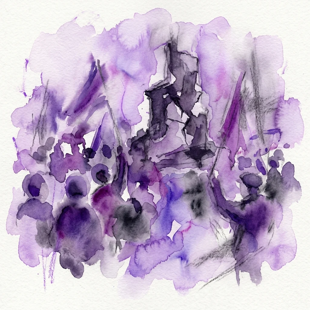 Abstract aquarelkunstwerk in paarse en zwarte tinten, dat een dynamisch tafereel met figuren en symbolische vormen uitbeeldt, mogelijk historische gebeurtenissen uit 1989 voorstellend.