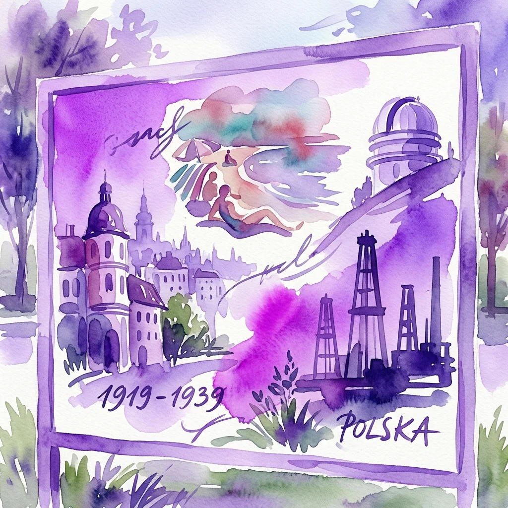 Ilustracja akwarelowa na panelu wystawy plenerowej przedstawiająca modernizację polskich Kresów Wschodnich (1919-1939), z panoramą miasta, szybami naftowymi, sceną plażową i obserwatorium, z tekstem 'Polska' i '1919-1939'.