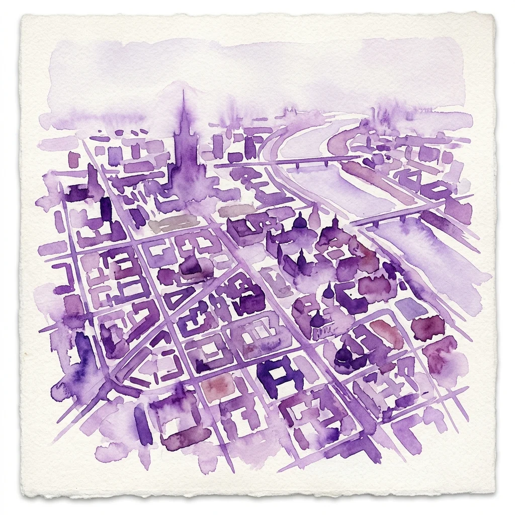 Ilustracja akwarelowa z lotu ptaka przedstawiająca Warszawę w fioletowych odcieniach, ukazująca bloki miejskie, rzekę i zabytkową architekturę z wysokiego punktu widzenia.
