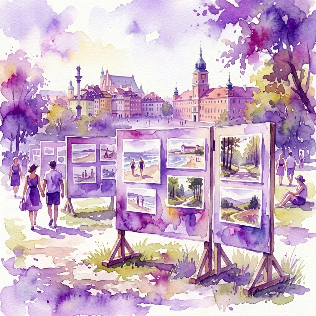 Watercolor illustration of an outdoor exhibition in Warsaw featuring vintage photos and sketches of seaside resorts and forest landscapes from the 1920s and 1930s, evoking nostalgic summer leisure.
