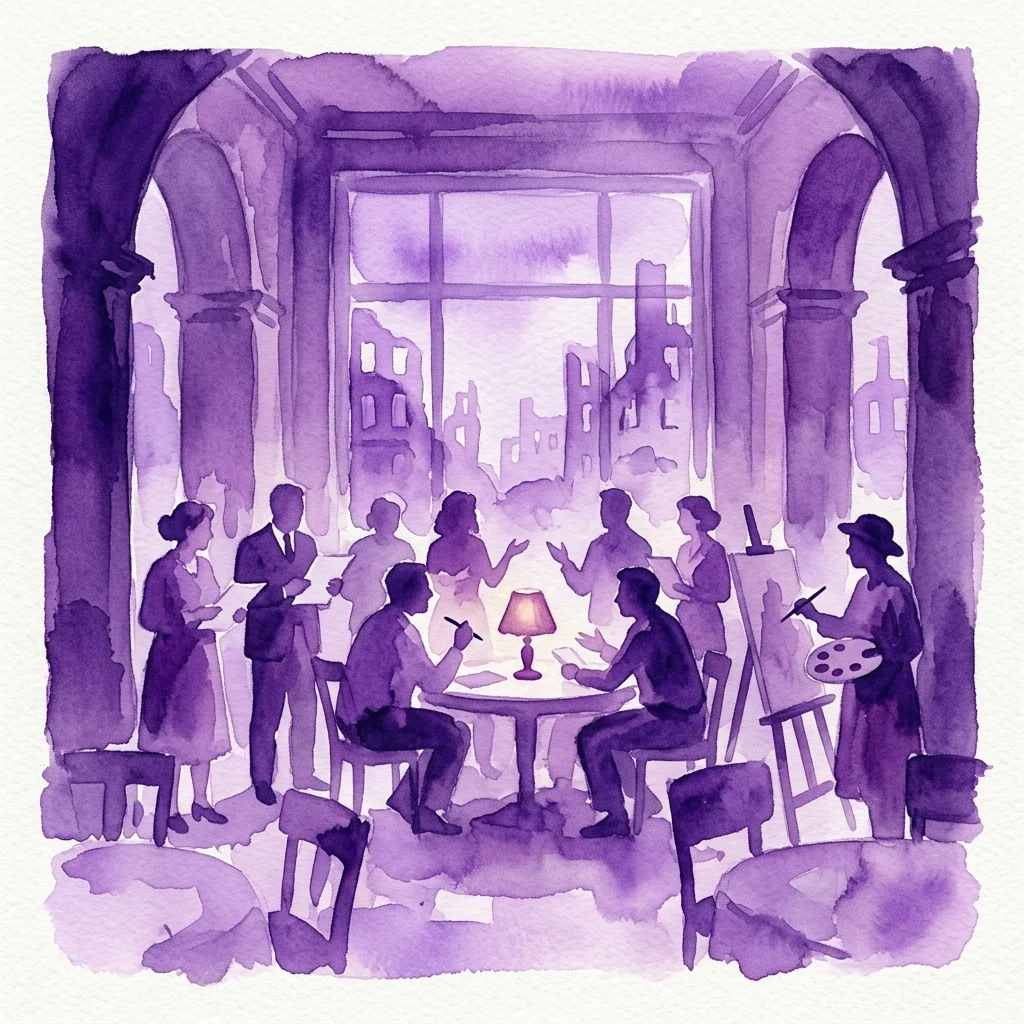 Een paarse aquarelillustratie van een bijeenkomst van schrijvers en kunstenaars in een historische hotellobby, met uitzicht op oorlogsverwoeste gebouwen buiten, die het culturele leven in het naoorlogse Łódź symboliseert.