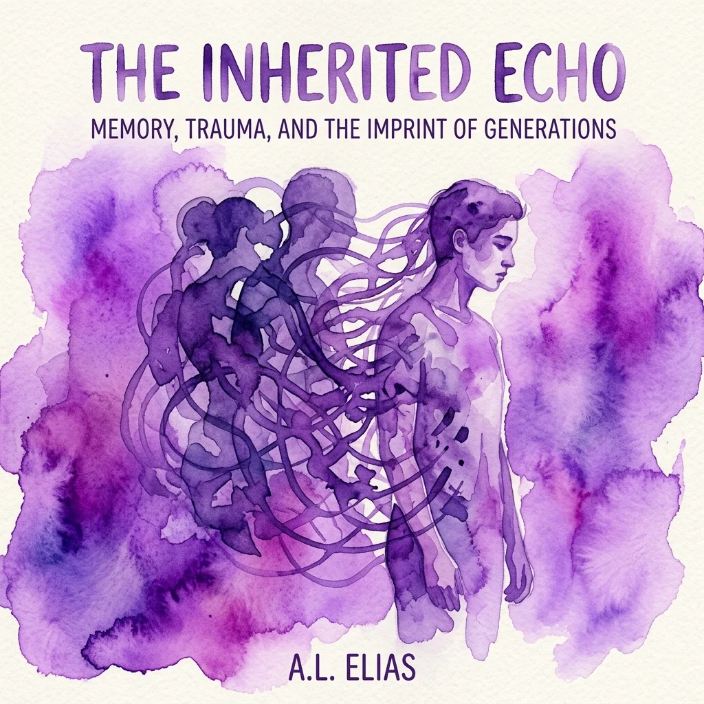Okładka książki 'The Inherited Echo' autorstwa A.L. Elias, przedstawiająca fioletowy projekt akwarelowy z sylwetkami postaci i abstrakcyjnymi liniami symbolizującymi pamięć i traumę międzypokoleniową.